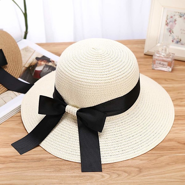Dame Sommer Halmhatt Solhatt UV-beskyttelse Strandlue Foldbar Visor Floppy Hat Bred Brede med Stropp Sløyfe white
