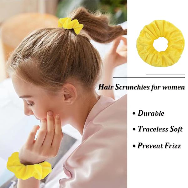 2 st hårscrunchies, stora sammetsscrunchies, stretchiga hårsnoddar mjuka hårband hästsvanshållare sovande spårlös frizzförebyggande (gul) Yellow