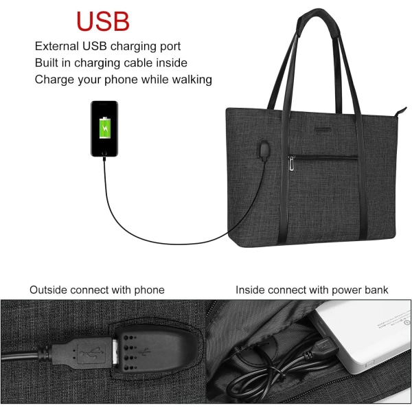 USB port bärbar tygväska för kvinnor, kompatibel med MacBook Air och mer, Work Travel Business datorväska med liten handväska, svart 44*33,5*10 cm Black