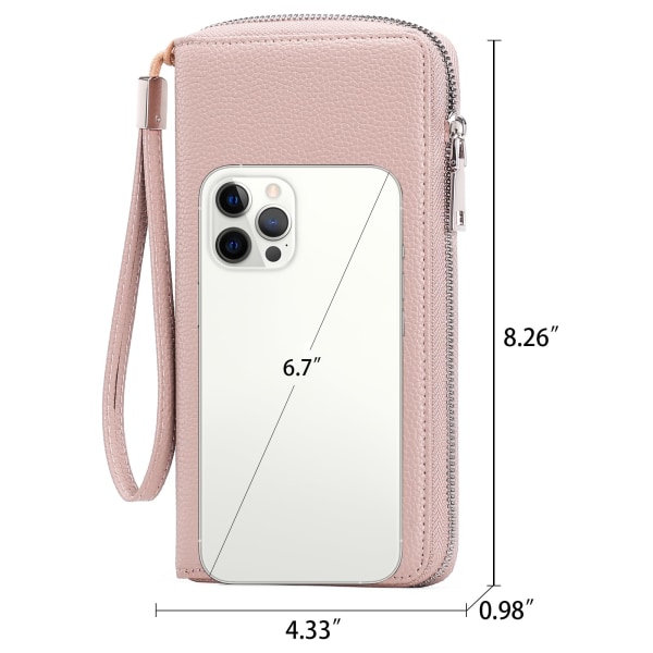 Lommebok for kvinner, skinn med stor kapasitet Lommebok for kvinner Glidelåsclutch med RFID-blokkering og flere, rosa Pink