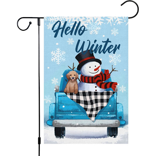 Hello Winter Hageflagg 12x18 Dobbeltsidig, Burlap Liten Vertikal Buffalo Rutete Vinter Lastebil Hage Hage Husflagg (KUN FLAGG)