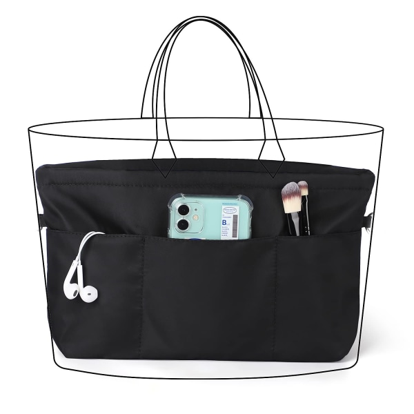 Handbag Organizer, Nylon Bag Organizer med nyckelring, innerfickor, vattentät för handväskor Organizer, svart, L Black L