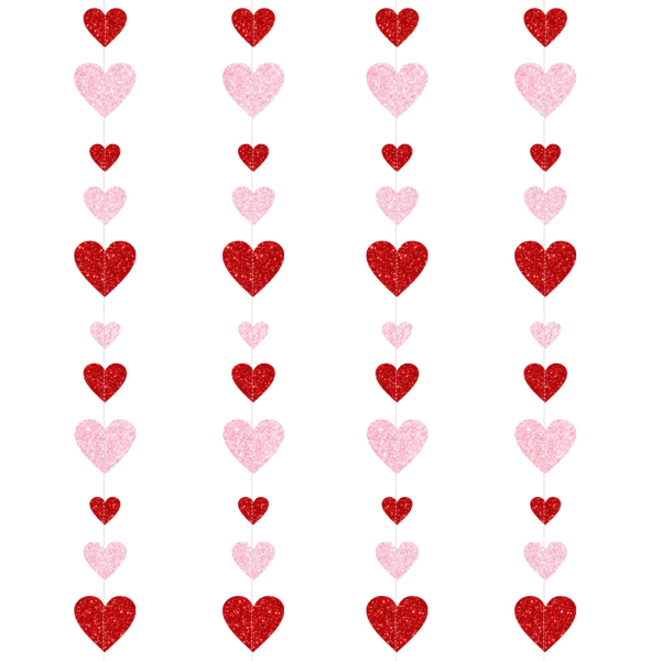 Rød og lyserød hjerteguirlande til Valentinsdag, Valentinsdag papir hjerteguirlande fest hængende dekoration, glitter hjerteguirlande banner