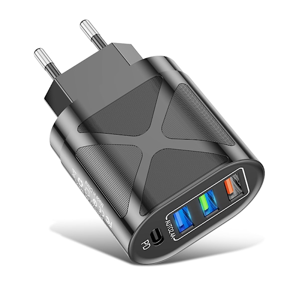 4-Port Lader for Enheter, Reiselader, 2.4A, Hurtiglading, EU, US, UK, 48W, 3 USB + PD