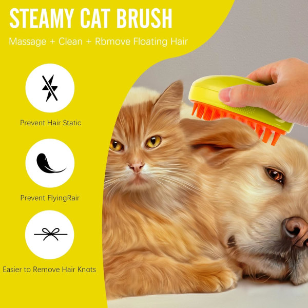 3 i 1 ångande katt-/hundborste för massage, multifunktionella kattborstar för trimning, husdjurshårborste för att ta bort trassligt och löst hår (gul) Yellow