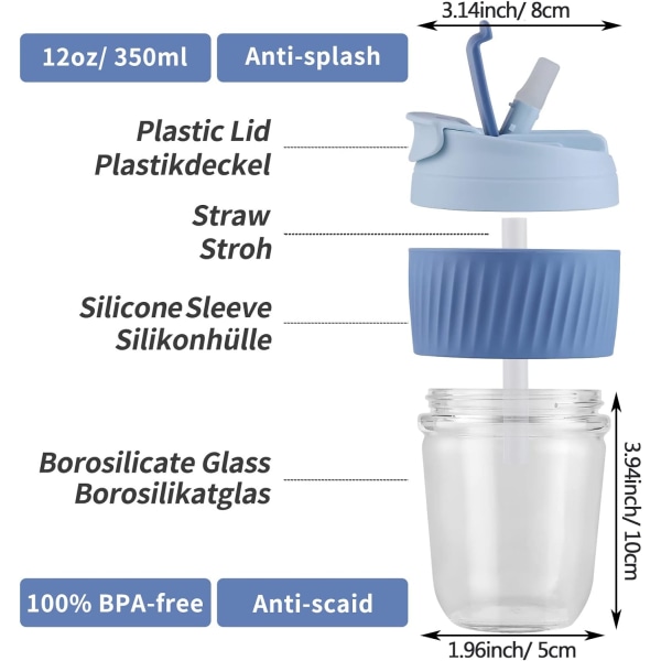 Glass Cup Reusable Travel Mug with Silicone Sleeve and Straw Lid for Tea, Coffee Home Office 350ML/12OZ Blue