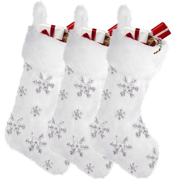 3 pakkauksen joulusukat, valkoiset tekoturkiset suuret pehmoiset roikkuvat kimaltelevat lumihiutaleet joulusukat joulujuhliin takkakoristeisiin40*18cm