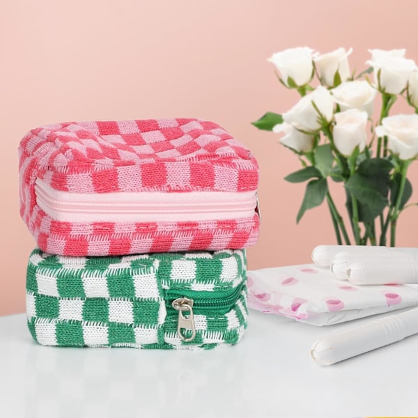 Sanitetsbindesförvaringsväska, Menstruationsbindesdragkedja Väska Rutig Bärbar Periodväska Trosskydd, Tamponförvaringspåse - Rosa