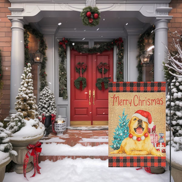Glædelig Jul Burlap Haveflag, Dobbeltsidet 12×18 Tommer Juletræ Golden Retriever Hund