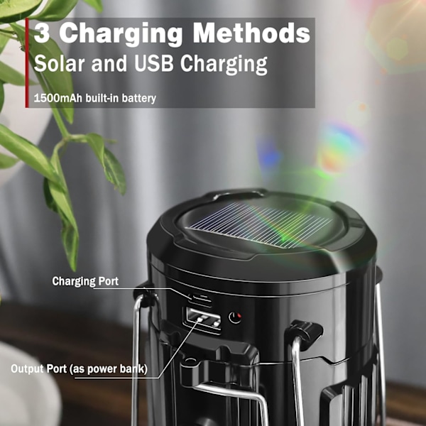 1-delad Campingfläkt med LED-Lampa Campinglampa USB/Solar/Uppladdningsbart Batteri Lykta Utomhus Camping Tillbehör Prylar [Energieffektivitetsklass F]