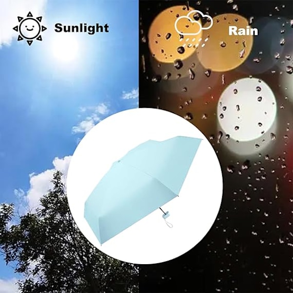 Taitettava matkavarjo, pieni ja kompakti sateen- ja auringonvarjo, tuulenpitävä UV-varjo vetoketjullisella kotelolla naisille ja tytöille, taivaansininen