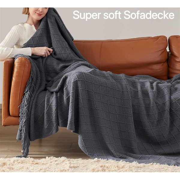Mjuk stickad ullfilt med tofsar, gosig filt, sofffilt, sovfilt, mediumgrå 150 x 200 cm grey
