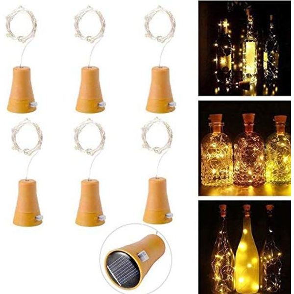 5 kappaletta 1 m aurinkokennolla toimivaa viinipullon korkkivalosarjaa, jossa korkin muotoinen hopeanvärinen kuparijohto DIY-juhlakoristeluun, häihin, jouluun, lämpimän valkoinen