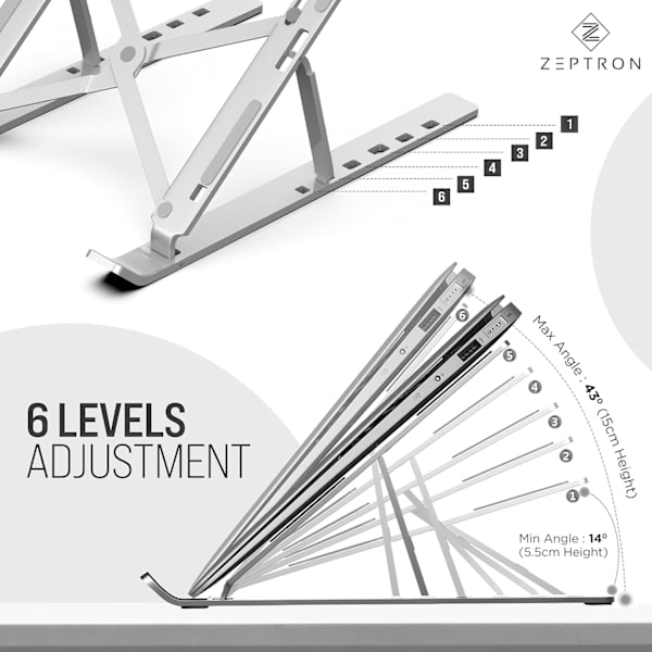 Fällbar bärbar aluminium laptopstativ | Skrivbordsstativ med 6 nivåers höjdjustering | Kompatibel för 11,6”/13,3 tum bärbara datorer (Silver) silver