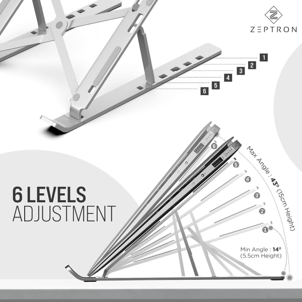 Foldbar bærbar aluminium bærbar computer stand | Skrivebordsstand med 6 niveauer højdejustering | Kompatibel til 11,6”/13,3 tommer bærbare computere notebooks（Sølv） silver