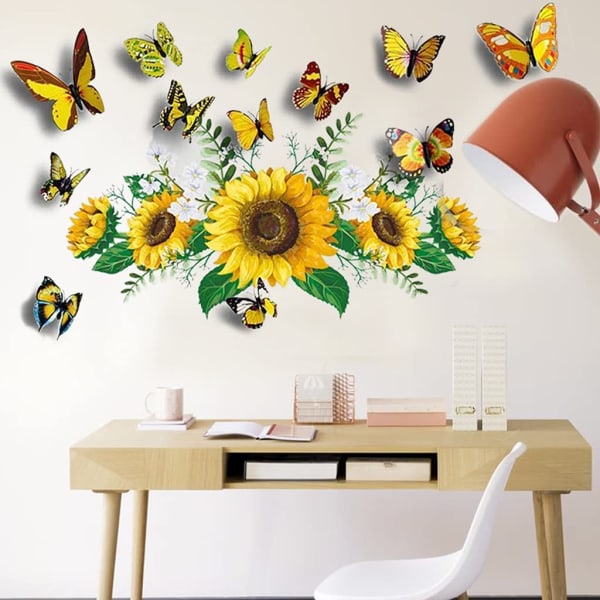 3D Fjärilsväggdekaler Gul Blomma Väggdekaler Solros Väggdekaler Väggdekaler för Sovrum Vardagsrum Badrumsdekor