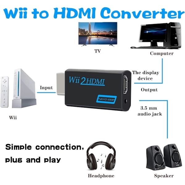 Wii HDMI-adapter, Wii til HDMI-konverter, støtter alle Wii-skjermmodus med 3,5 mm lydutgang og HDMI (svart)
