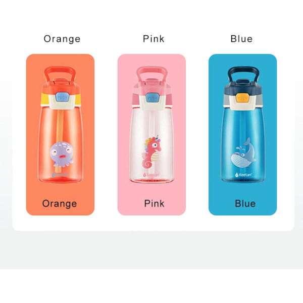 Barnens vattenflaska med sugrör, återanvändbar dricksflaska för skolan, BPA-fri, läcksäker, 480 ml, rosa, sjöhäst Pink