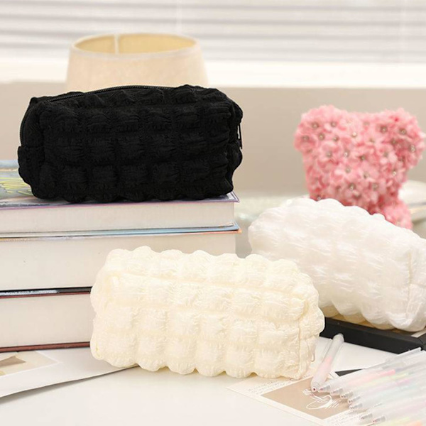 Makeup Taske Pludset Makeup Pung 1 Stk Stor Kapacitet Makeup Tasker Puffer Blyant Pung Ternet Blyant Etui til Teenage Piger, Sort