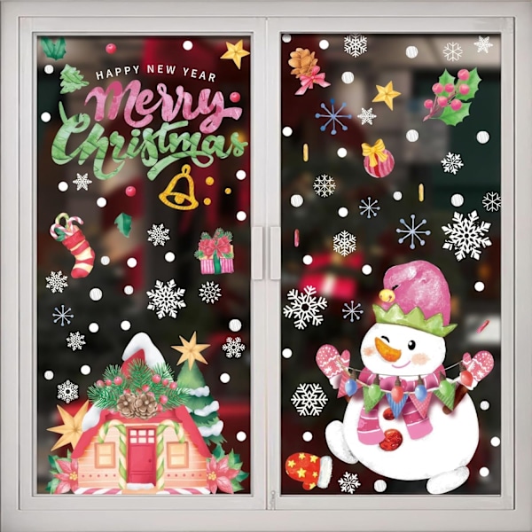 Christmas Window Clings Decorations,Christmas Pink Window Stickers Santa Claus Snowman Log House Glass Decal Christmas Home Decor,13