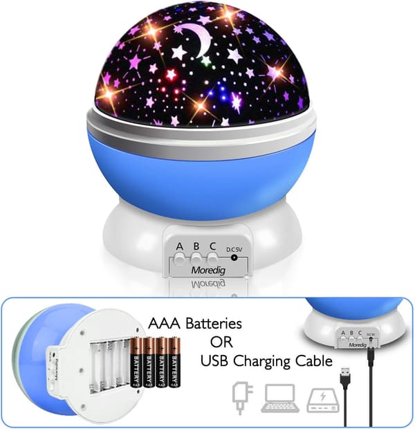 Nattlys for barn, projektorlampe 360° romantisk rotasjon, stjernenattlys, sengelamper (4 LED 8 lysmoduser 2 lademoduser)