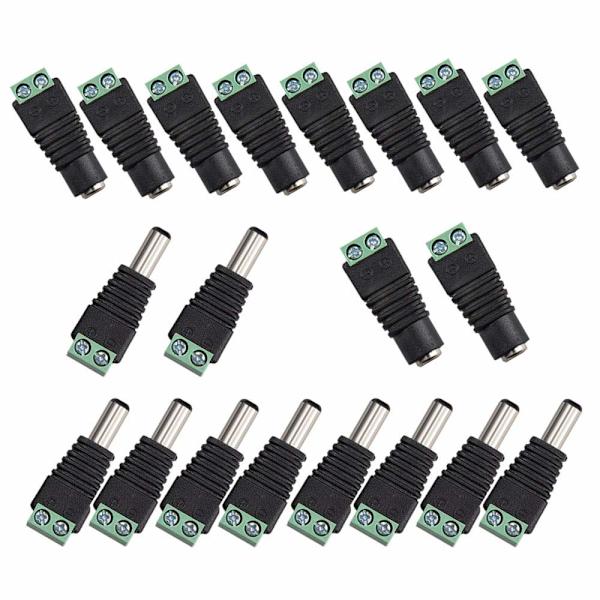 20 stk. DC-strømstik, han/hun, 2,1 x 5,5 mm, 12V-stik, hunstikadaptere til DVR-kamera, stikkontakt, LED-lys, sikkerhedssystem
