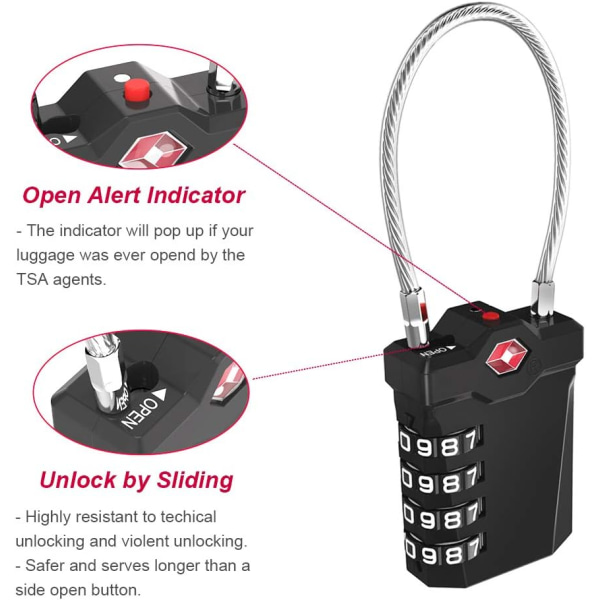 Bagagehänglås, TSA 4-siffrigt kombinerat resväskalås med öppningslarm, Code Gym Cable Locker Hänglås (1 del, svart)