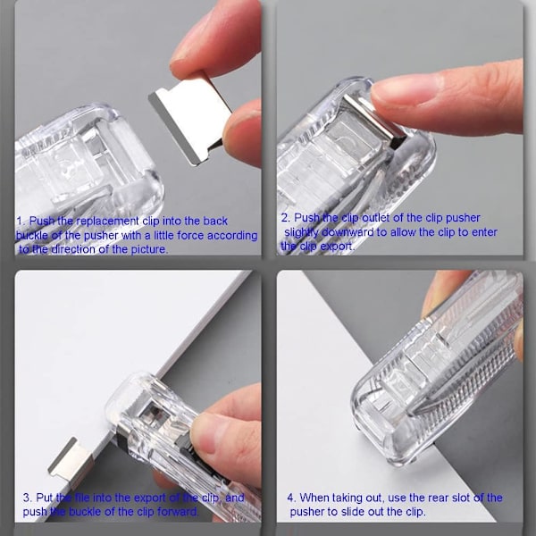 1 stk. bærbar gennemsigtig plastik håndholdt papirklemme dispenser papirklemme med 8 metal refill clips til skolekontor