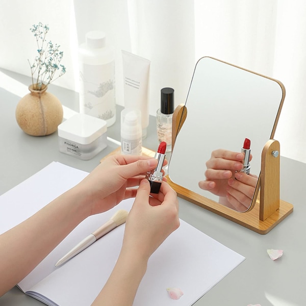 Makeup spejl, 360 graders roterende bordplade transparent træ skrivebordsspejl højt spejl