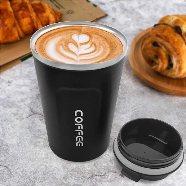 Kaffe Kop, 380ml Vakuum Genanvendelig Lækagesikker Dobbelt Væg Kaffe Kop, Isolering Rustfrit Stål Miljøvenlig Krus (Sort) Black