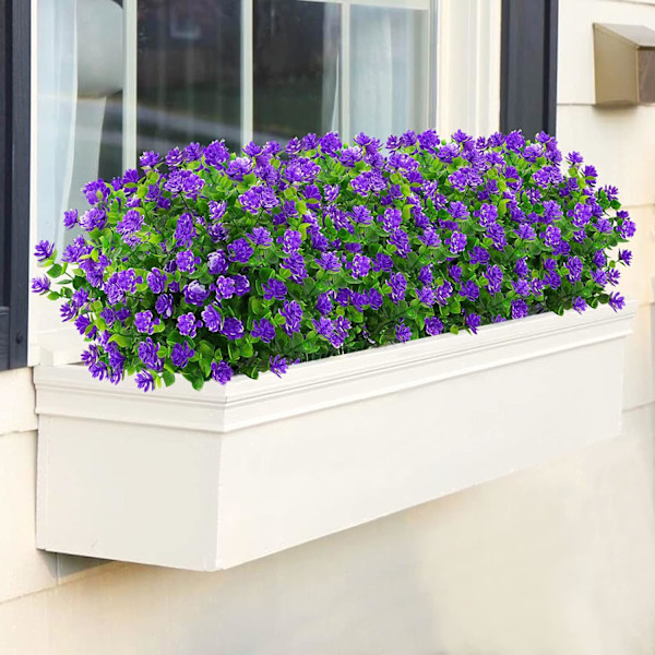 Kunstige udendørs blomster til dekoration UV-bestandige ingen falmning kunstige plastikplanter have veranda vindueskasseindretning (6 bundter, lilla)