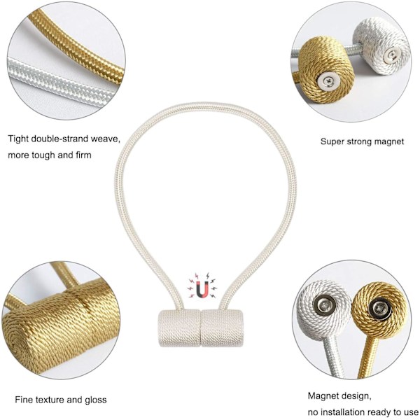 2 Magnetiske Gardinholdere, Gardin Klips Snordeske, Brukes for Hjem Kontor Cafe Dekorative Spenne, Ingen Behov for å Perforere, Beige
