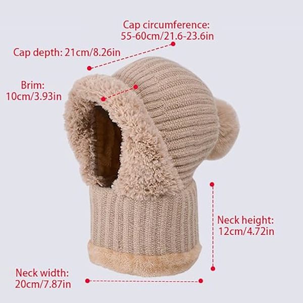 Strikket Hat med Pompom, 55cm-60cm 3 i 1 Vinter Beanie Halsklæde Cirkel og Strik Maske Siamese Vindtæt Kvinder, Grå