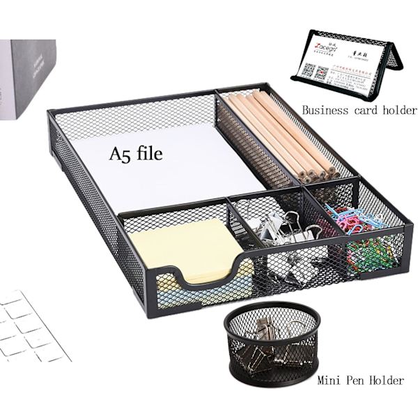 Skrivebordsskuffe Organizer Bakke - Metal Mesh 5 Rum Stor Plads, Multi-use Opbevaringsboks Sæt til Kontor, Badeværelse, Køkken Bestik, Makeup