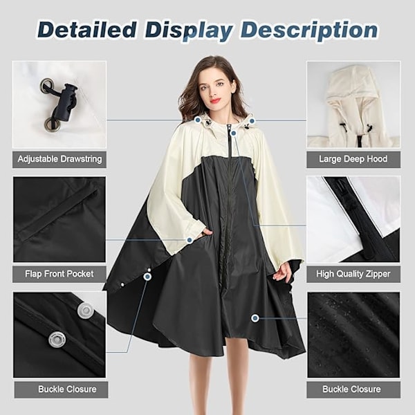 Regnjakke Dame Herre Regnponcho Regnfrakk Vanntett Lett Regnklær med Hette Regnkappe Jakke Regnponcho Kappe black+white