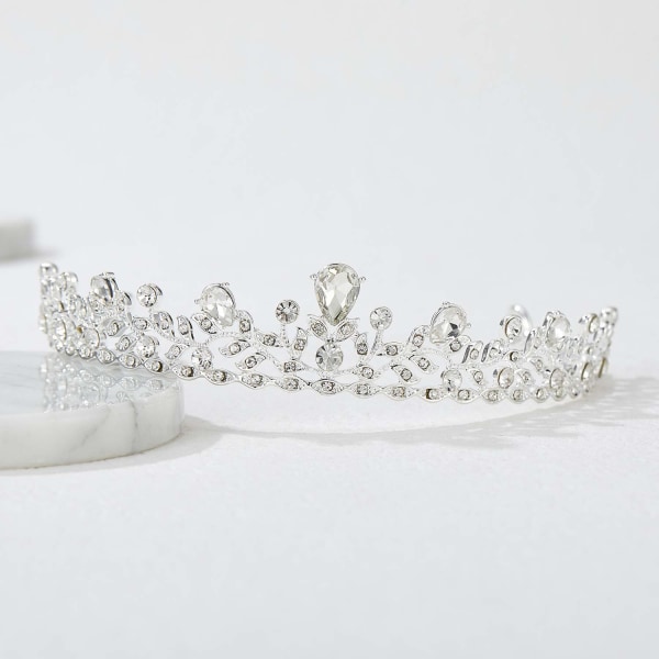 Retro stil krystaller Princess Crown Rhinestone brude tiara konkurrence prom bryllup diadem, sølv SILVER+WHITE