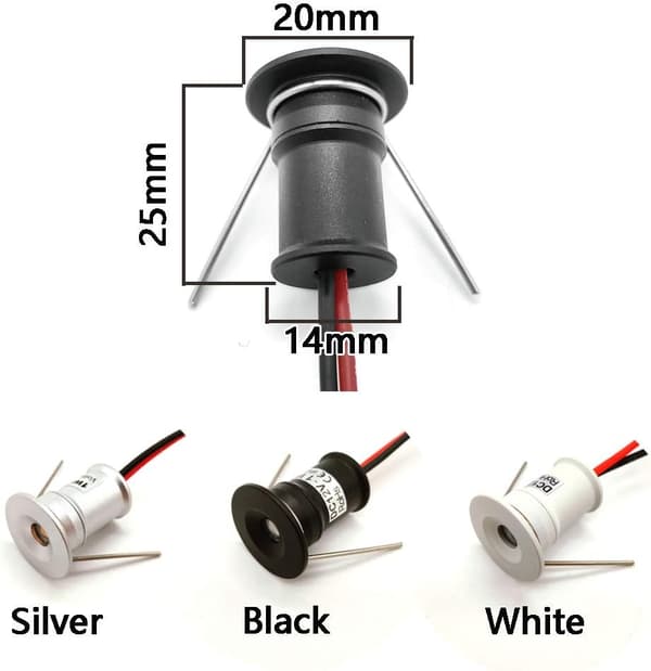 Sorte 9 stk. Mini 12V 1W LED loftspot IP65, 3000k (120°, Varm hvid).