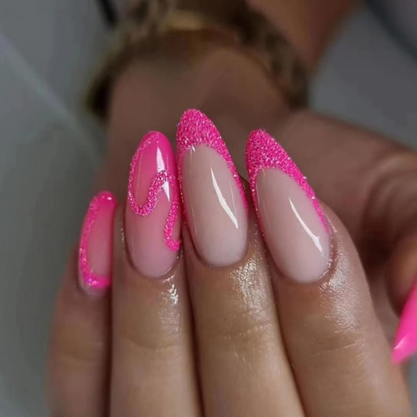Mandel falske negle medium, 24 stk. Rose Red Glitter franske falske negle, Ballerina tryk på negle med negle lim klistermærker