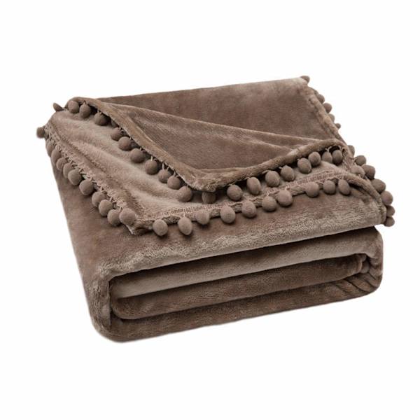 Gosig filt, fleecefilt, flanellfilt med pompom, enfärgad filt, sofffilt, fluffig filt, mikrofiber sängöverkast, sofffilt, filt coffee