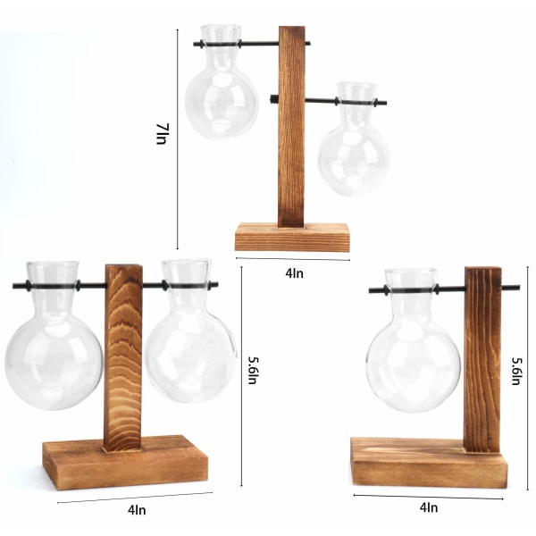 3-pack hydroponiska glasvaser med trästativ, hängande vas, blomvas, bordsvas, dekorativ vas, päronformad vintage avokadovas med trästativ