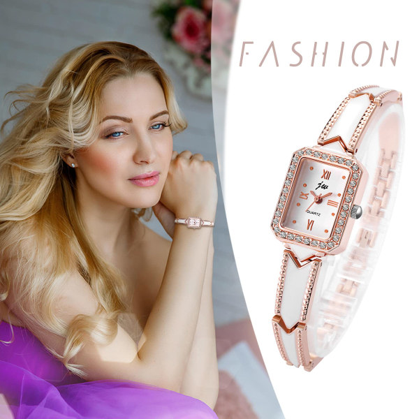 Elegant damklocka Analog kvartsur Armbandsur Dam strass rektangulära romerska siffror Spänne klocka med metallarmband Roséguld/Silver