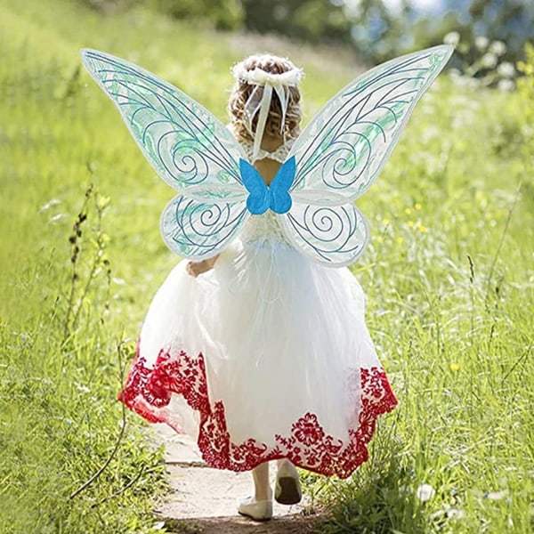 Fairy Wings Dress Up Mousserende Sheer Wings Sommerfugl Fairy Halloween kostume Englevinger til børn Piger Kvinder Blue
