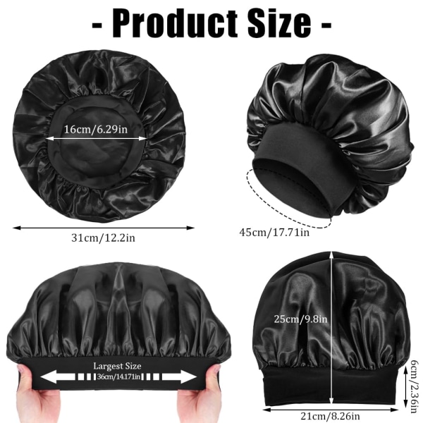 Paket med 3 satin-hårbonetter, silkesbonnet sovmössa hår black/red/sliver