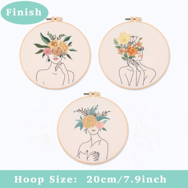 3 Sets of Full Series of Beginner Embroidery Kits, DIY Hand Embroidery Starter, Women and Flower Patterns