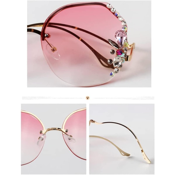 Nye vintage diamantsolbriller uten innfesting, overdimensjonerte kantløse diamantskjærende diamantsolbriller for kvinner (rosa) Pink
