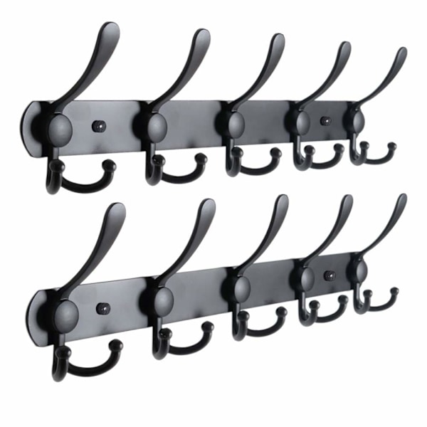 Väggmonterad klädhängare, svart, klädhängare, väggmonterade klädkrokar, klädhängare i rostfritt stål med 15 krokar, klädhängare, klädhängare (svart, 2 stycken)