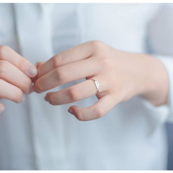 925 Sterling Silver Feather Ring, Silver Ring Feather Open Finger Leaf Ring för Flickor Kvinnor Present