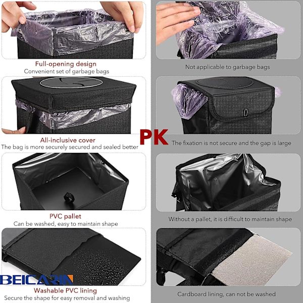 Auton roskakori kannella - Auton roskapussi ripustettava säilytystaskuilla kokoontaitettava ja kannettava auton roskakori, vuototiivis auton järjestäjä, 30*20*20cm 30*20*20cm