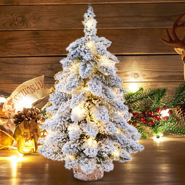 45 cm Prelit Bordplade Juletræ Sneflokket, Juletræ med LED-lys Træbund Mini Xmas Pine Tree til Bord Skrivebord Hjem Juleindretning