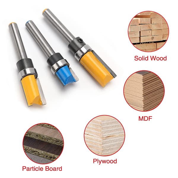 3 stk. Flush Trim Cutter med 6,35 mm skaft, Flush Trim Model Router Bits